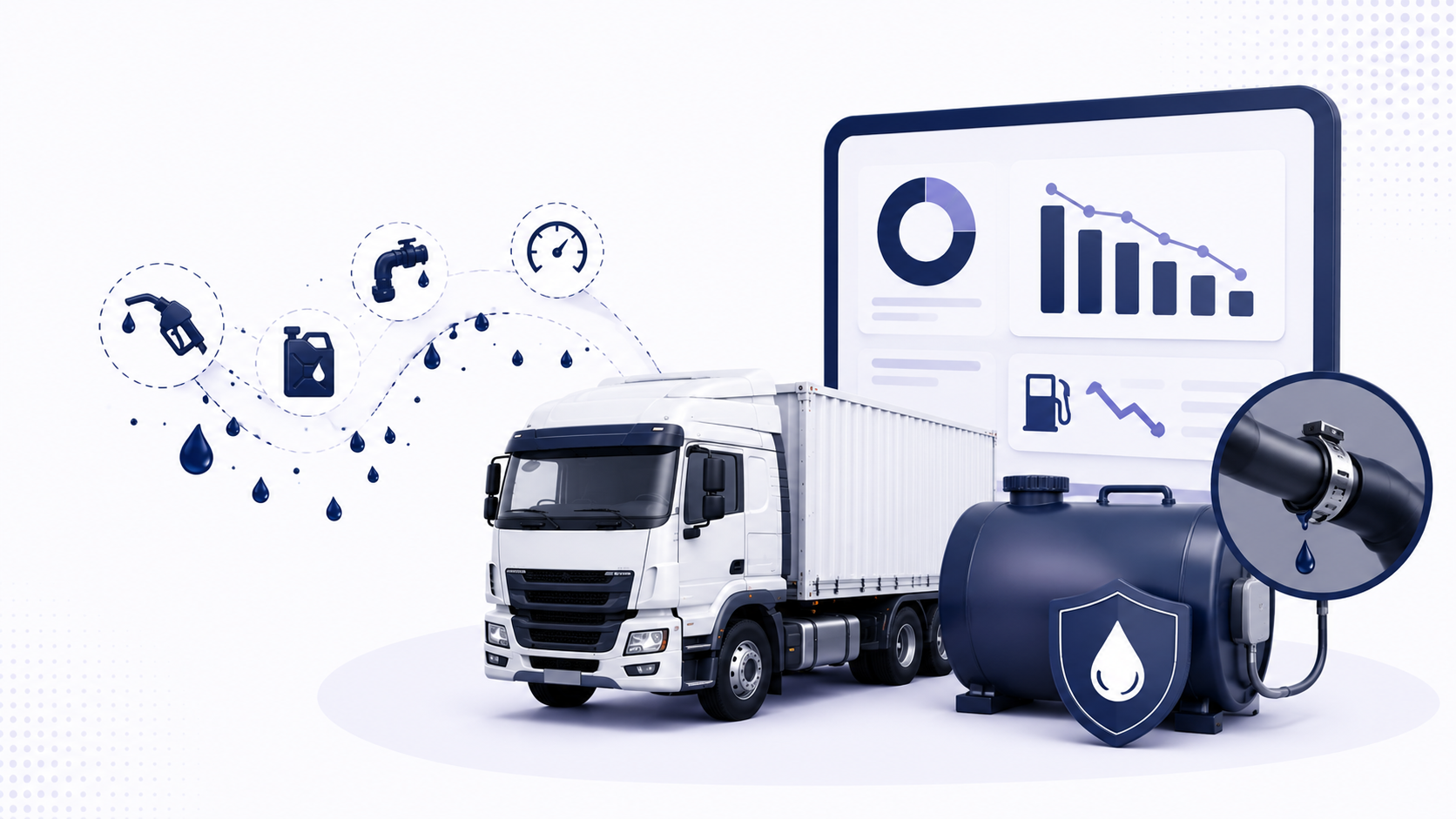 Truck with fuel tank, theft-protection shield, and analytics dashboard showing declining fuel loss